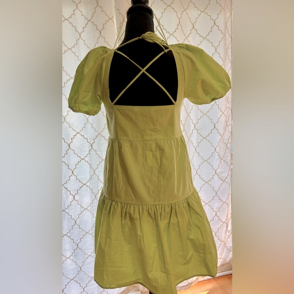 Stradivarius Green Puff Sleeve Mini Dress with Ruffled Tiers NEW - Picture 3 of 5
